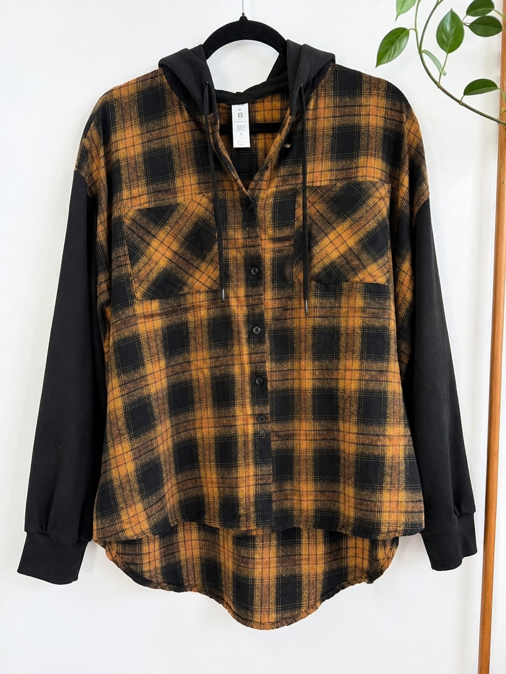 Black & Mustard Plaid Hooded Shirt